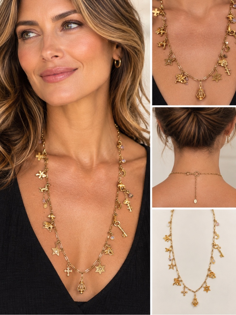 KIRK FOLLY vintage gold Tone charm necklace 42” adjustable paper clip chain